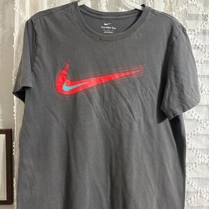 Mens Nike Large Graphic T-Shirt Charcoal Gray Red Teal Swoosh Crew Neck